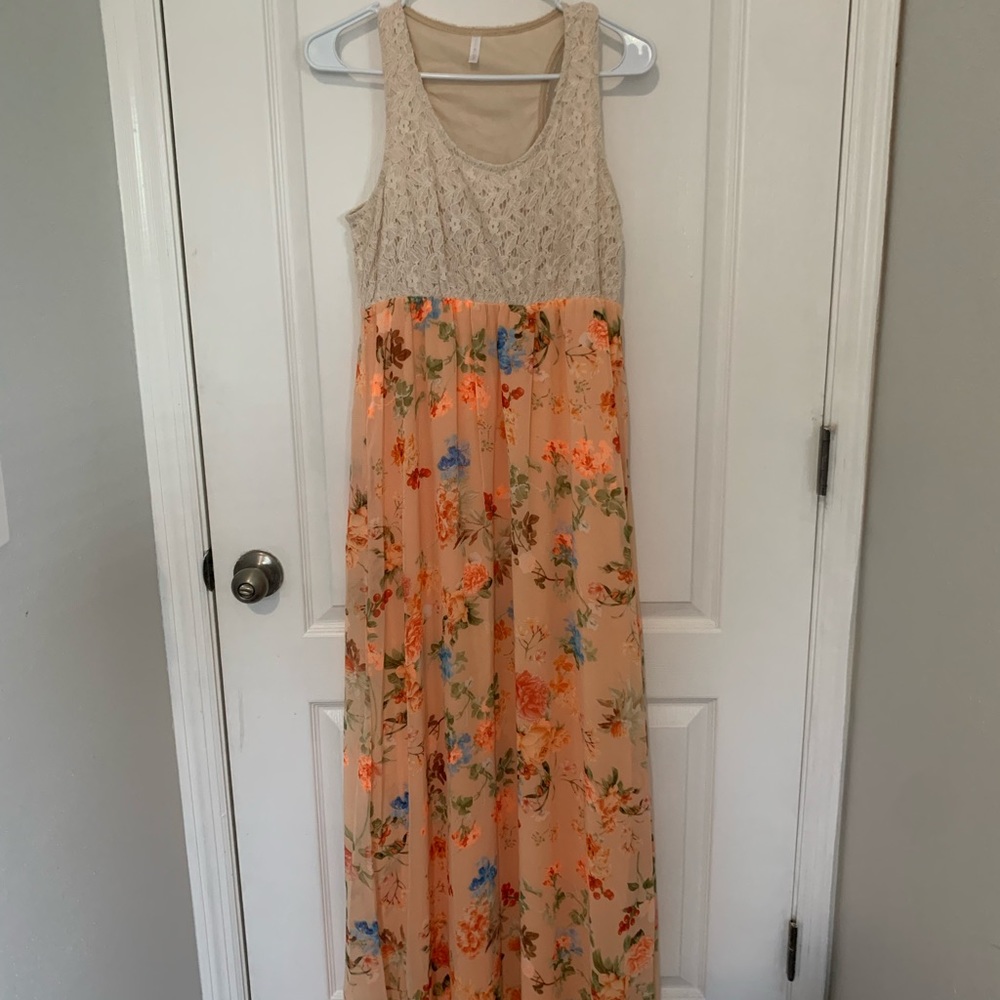 Peach Floral Chiffon Maxi Dress
